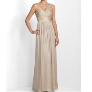 BCBG Max Azria vapor/champagne pleated bodice one shoulder silk gown - Size 4